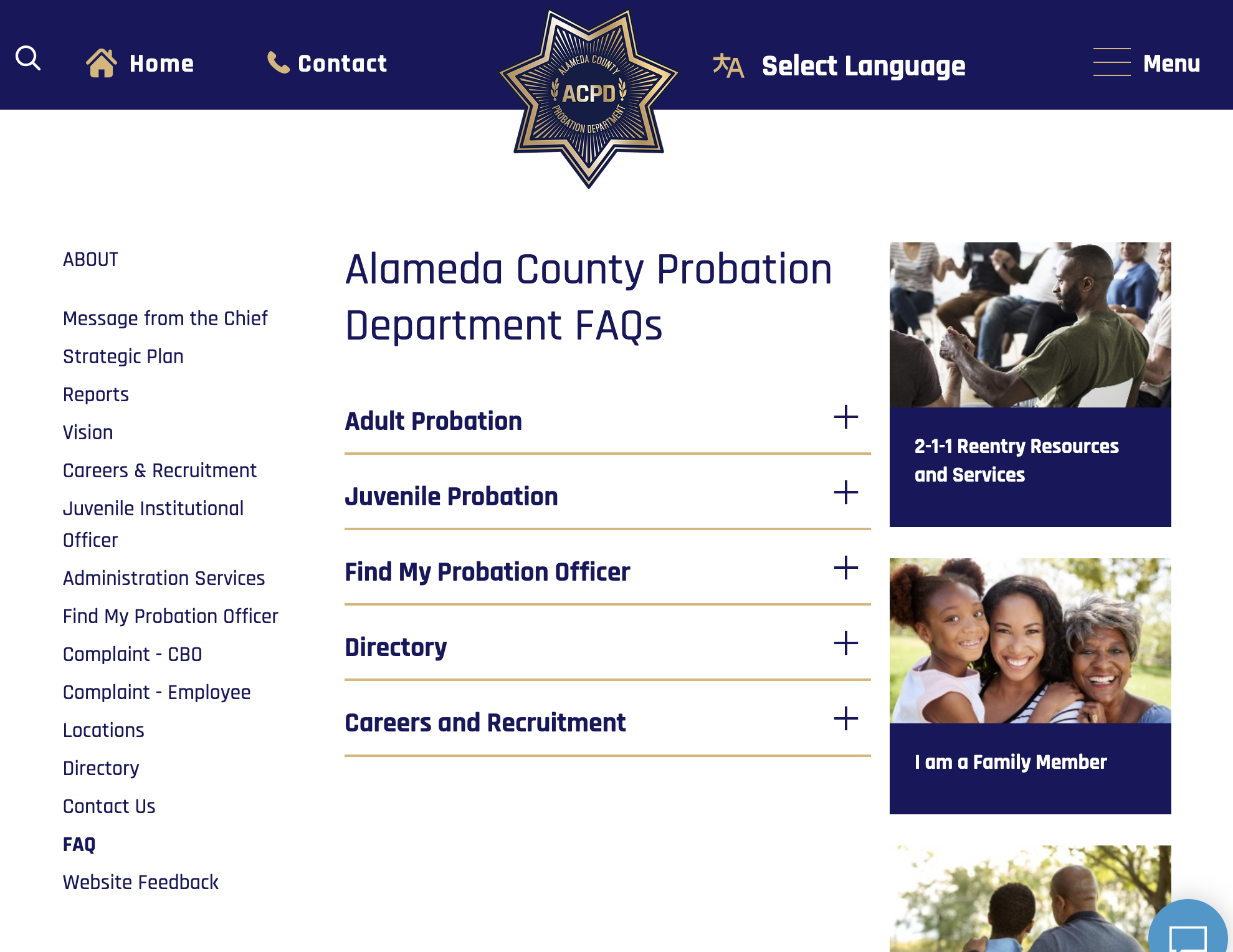 Alameda County Probation Department’s FAQ Screenshot